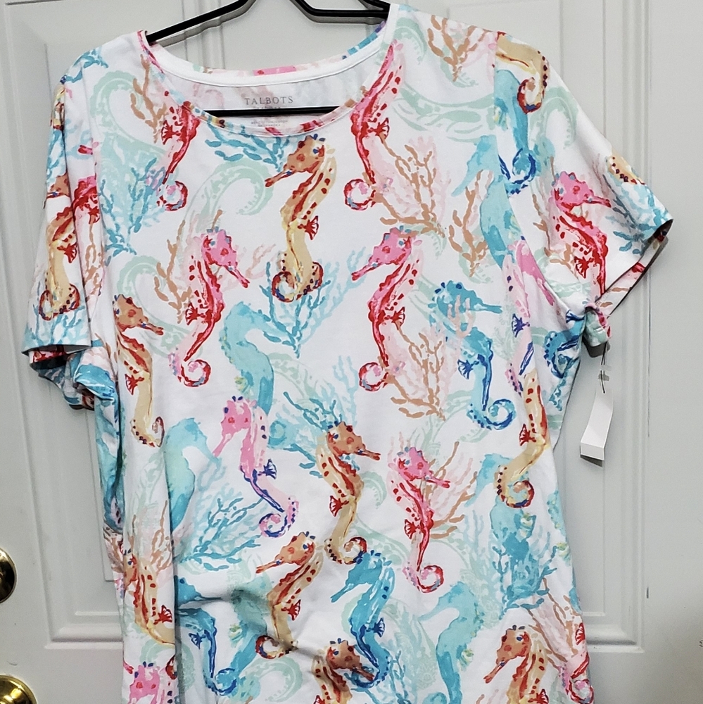 NWT NEW Talbots Shirt Womens 1X Multi color Seahorse Print T Shirt Short Sleeve - Picture 3 of 8